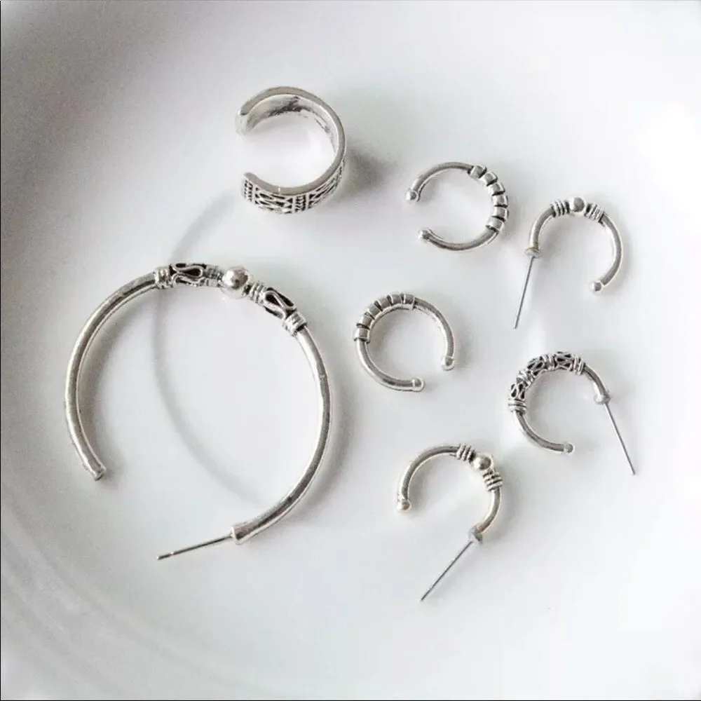 Silver Bali Multi Hoops Ear Cuffs Eartings Set of 7 Jewelry NEW